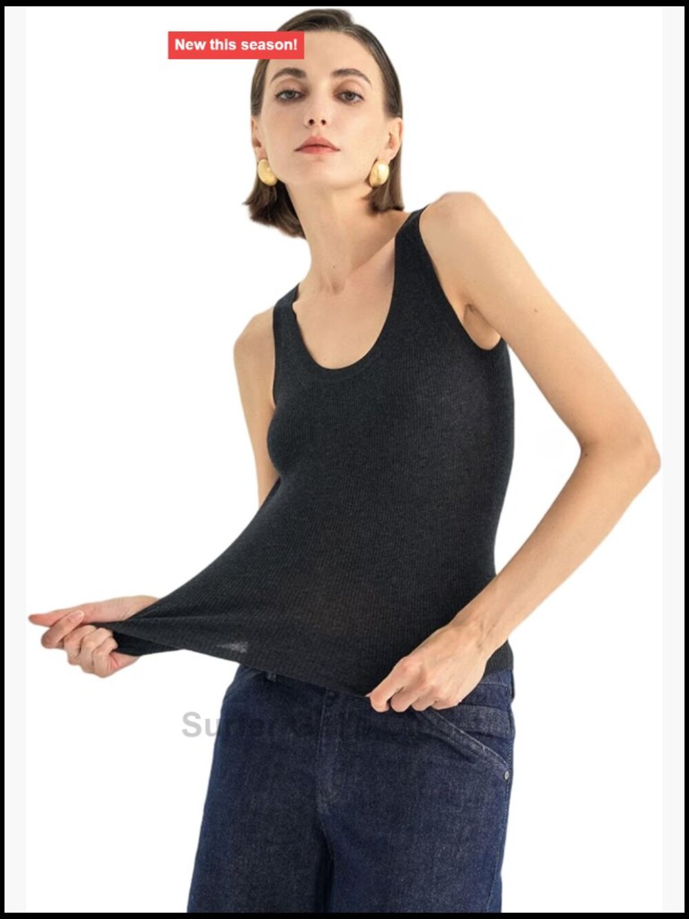 Cashmere Blend Tank Top Ribbed U Neck High Stretch